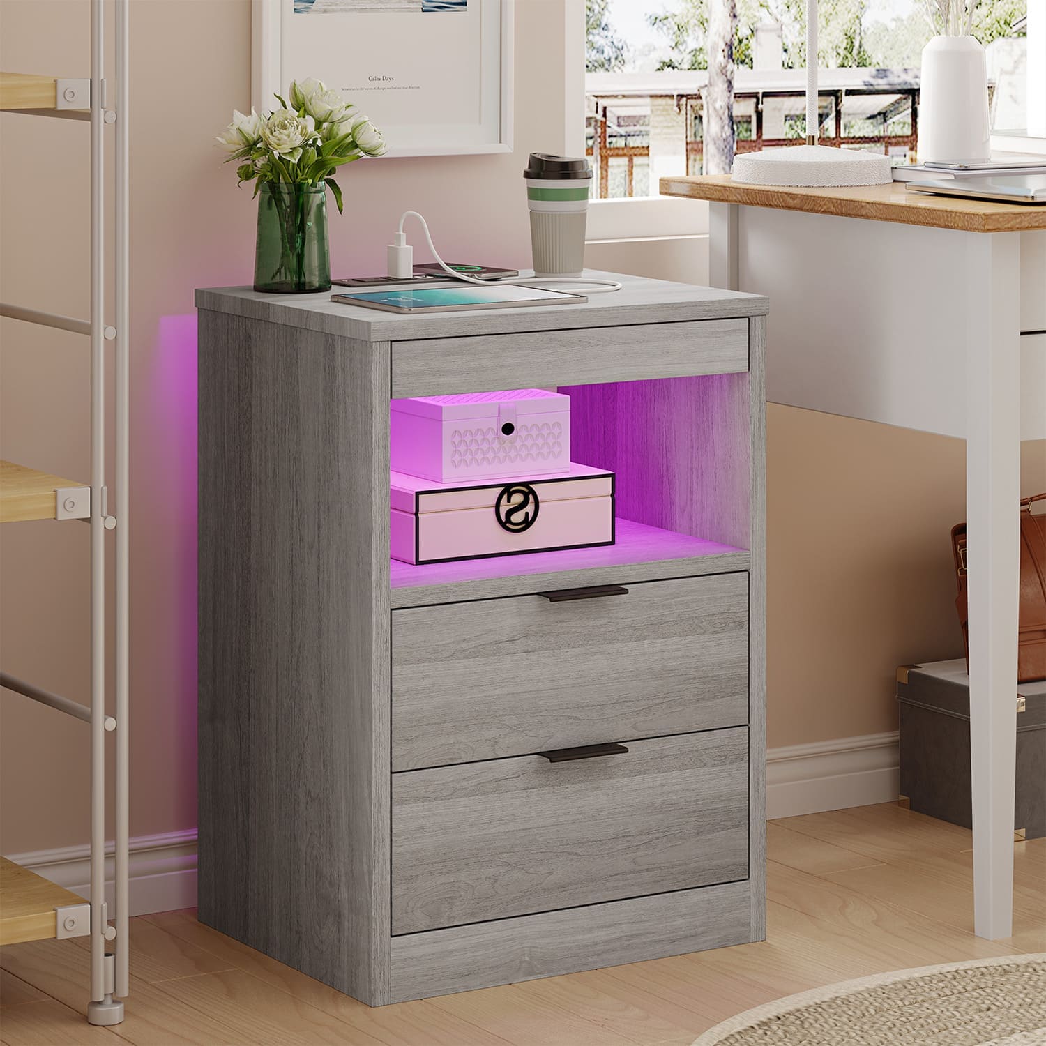 Nightstand with Pull-Out Shelf Wireless Charging Station and LED Lights Grey