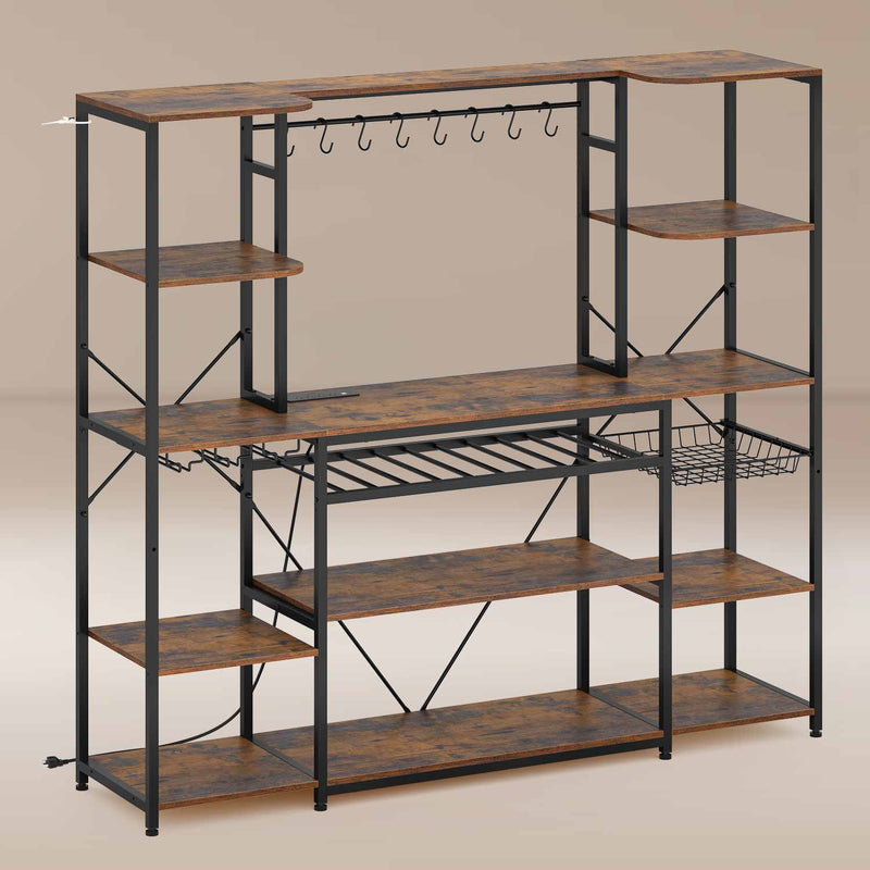 Coffee Bar with Power Outlet and Bakers Rack Microwave Stand Storage Shelves Wine Rack Goblet Holder Hooks Wire Basket Brown