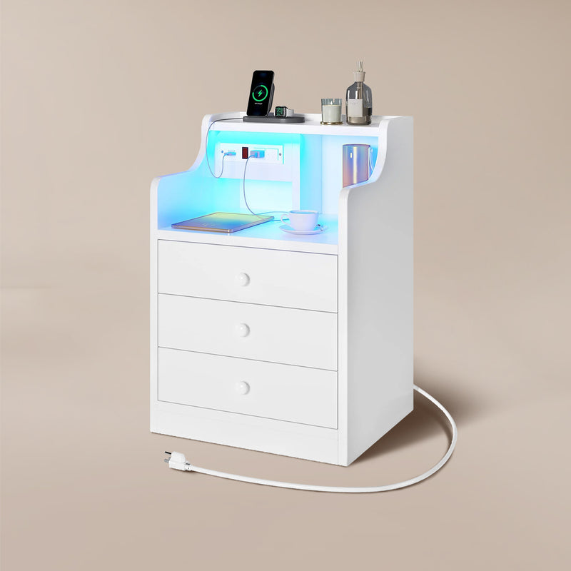 LED Nightstand with Hutch Drawers Charging Station White