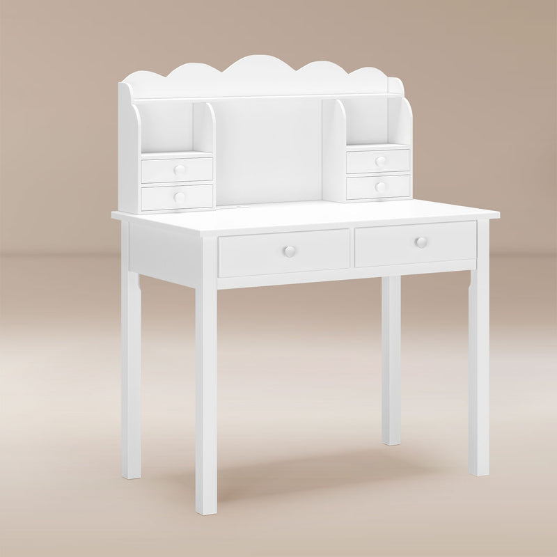 Small White Writing Desk Makeup Dressing Table with Hutch and USB Ports