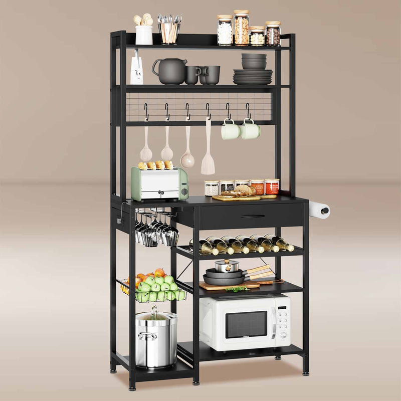 Bakers Rack With Power Outlet and Microwave Stand Storage Coffee Bar Station Black