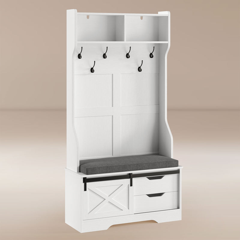 3-in-1 39.3IN Hall Tree with Cushioned Bench and Shoe Storage & Hooks for Hallway White