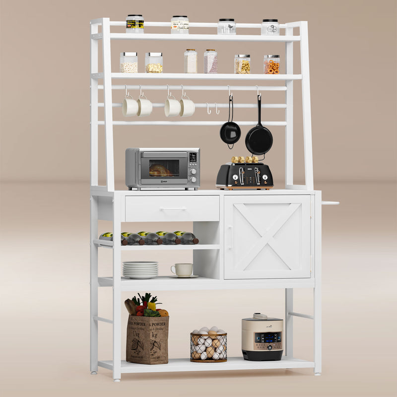 Coffee Bar with Storage Drawer and Hooks White