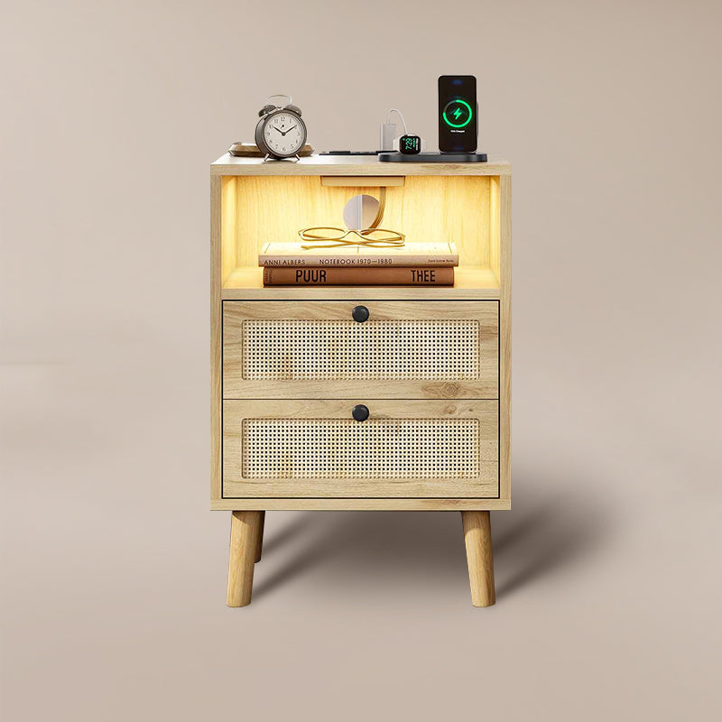 Rattan LED Nightstand with Charging Station and 2 Drawers Natural