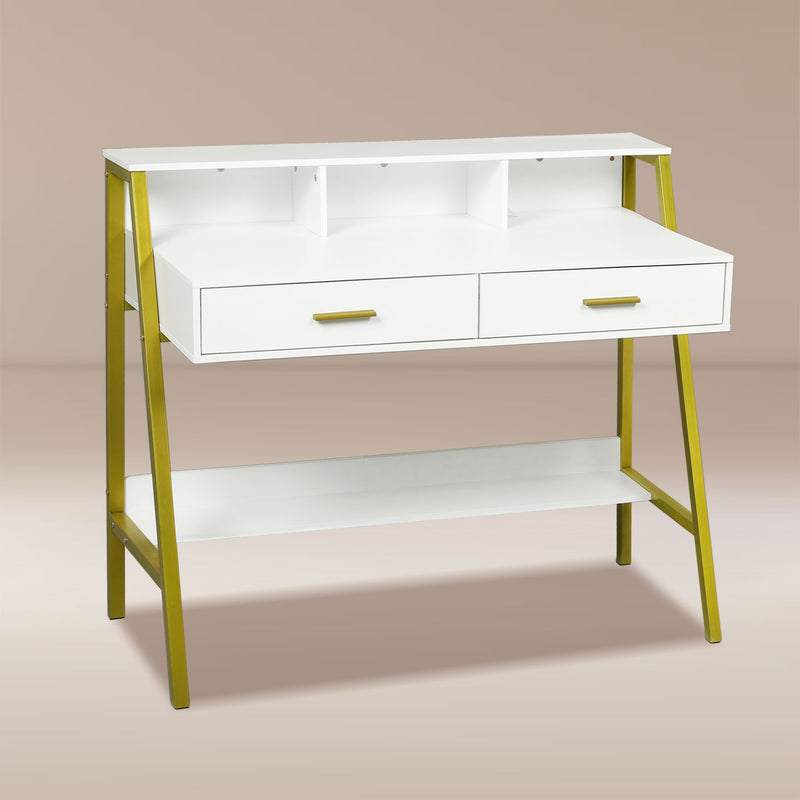 Writing Desk with Drawers Monitor Stand Built-in Hutch White Gold