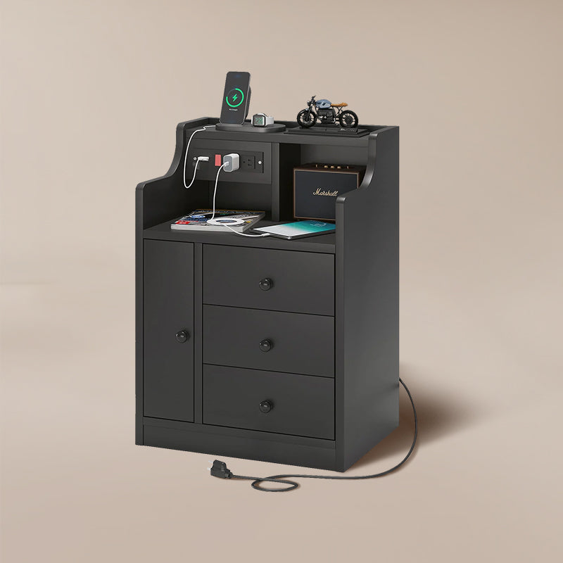 Nightstand with Charging Station Drawers Black