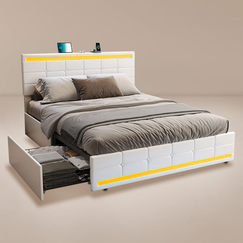 PU Leather Platform Bed Frame with 4 Storage Drawers LED Lights Adjustable Headboard White