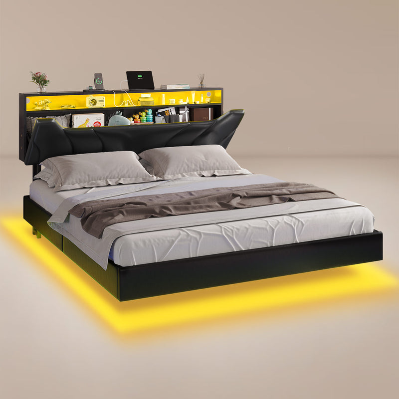 Floating Upholstered Leather Platform Bed Frame with LED Lights Storage Headboard and Charging Station Black