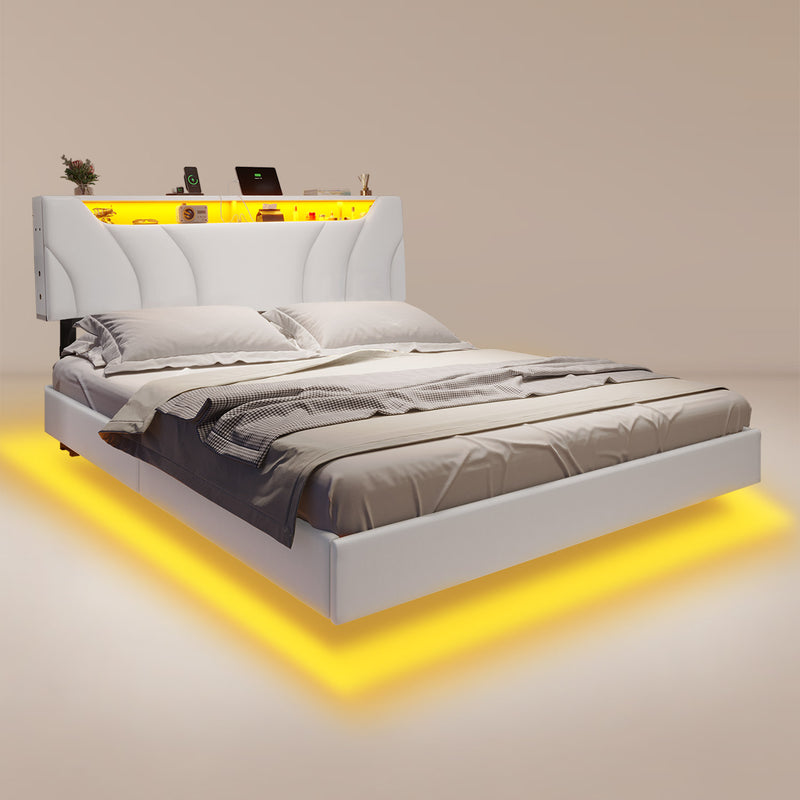 Floating Upholstered Leather Platform Bed Frame with LED Lights Storage Headboard and Charging Station White