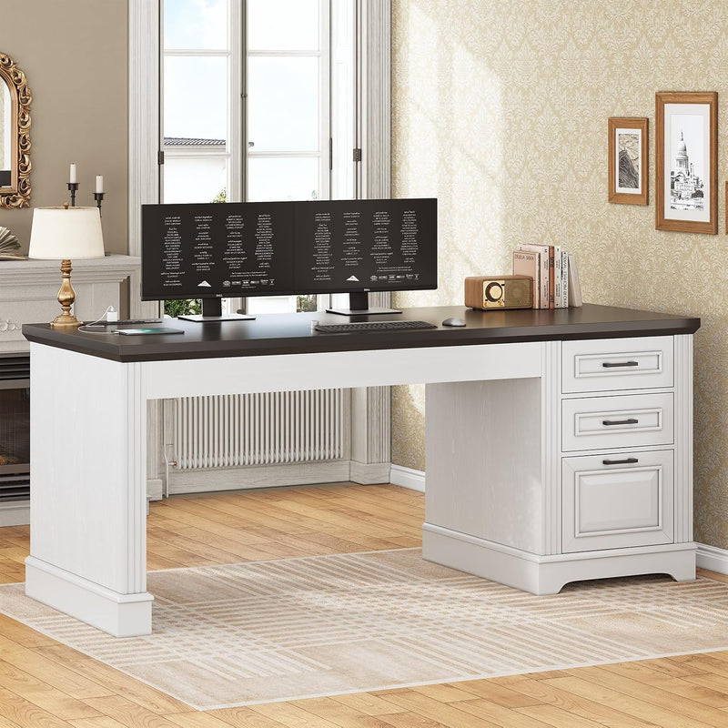 55" Computer Desk with Storage Drawers and Power Outlet White