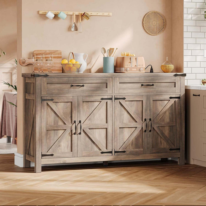 55.1in Farmhouse Buffet Cabinet with Drawers and Adjustable Shelves for Kitchen