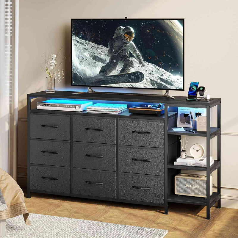 60 Inches LED TV Stand with Charging Station and 9 PU & Fabric Drawers Black