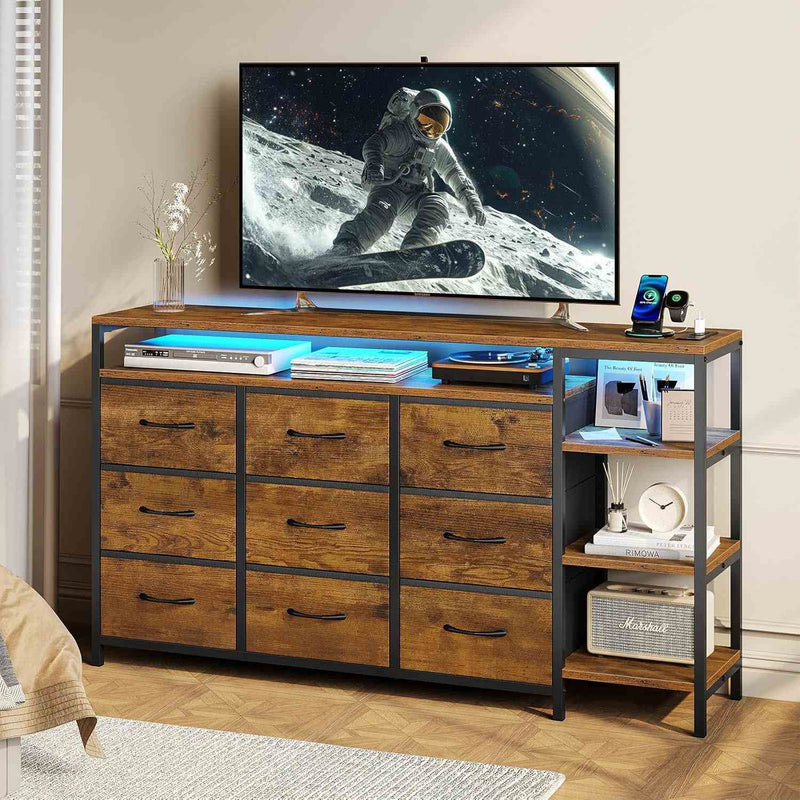 60 Inches LED TV Stand with Charging Station and 9 PU & Fabric Drawers Brown