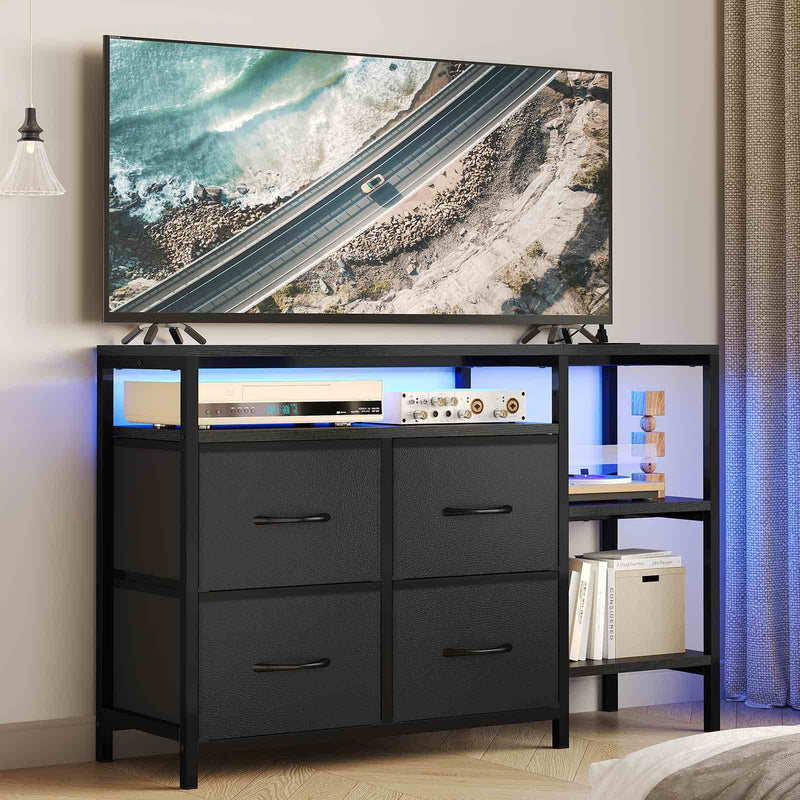 4 Drawers LED Lights Dresser TV Stand with Powers Outlets and Open Shelves for Living Room Black