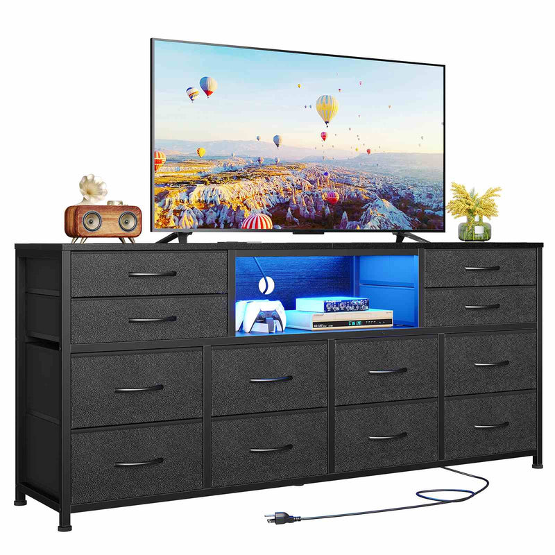 55 inch LED TV Stand Dresser with Power Outlets and 12 Drawers PU Black