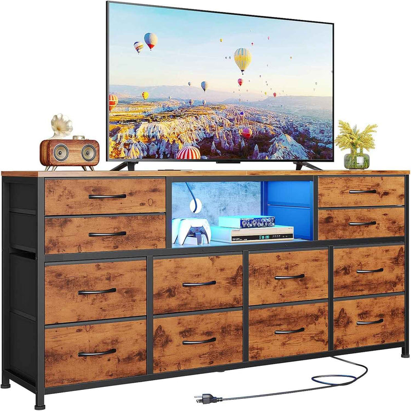 55 inch LED TV Stand Dresser for Bedroom with Power Outlets and 12 Drawers PU Brown