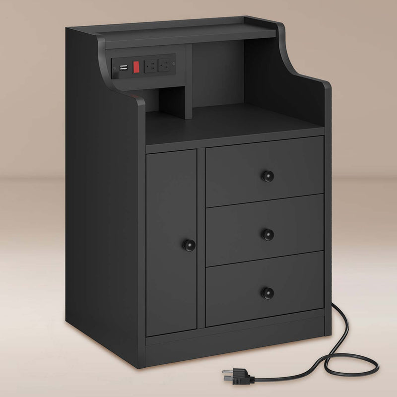 LED Nightstand with Charging Station Hutch Drawers Black