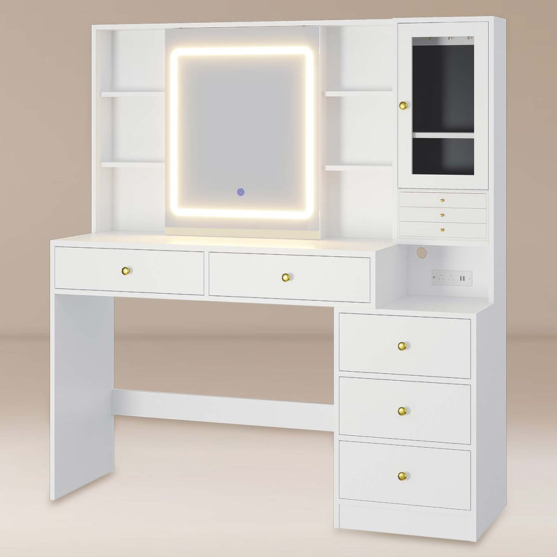 LED Makeup Vanity with Charging Station Jewelry Box Sliding Mirror Drawers White