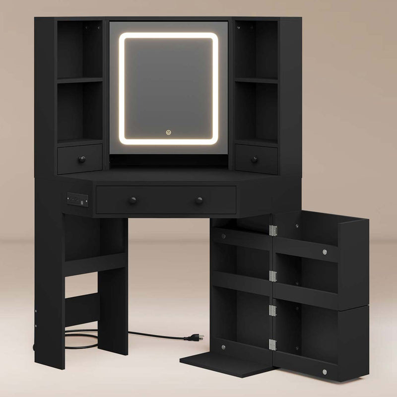 Corner LED Makeup Vanity Desk with Storage Stool and Charging Station Mirror Drawers, Rotating Shelves Black