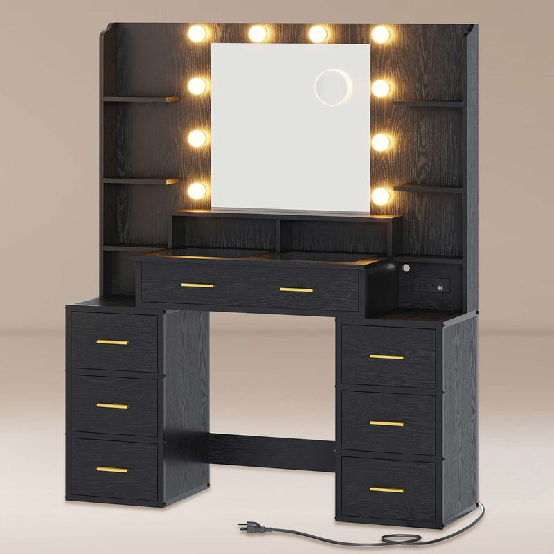 Glass Top Makeup Vanity with Lights Power Strip & 10x Magnifying Mirror And Compartment Storage Drawers & Shelves Black