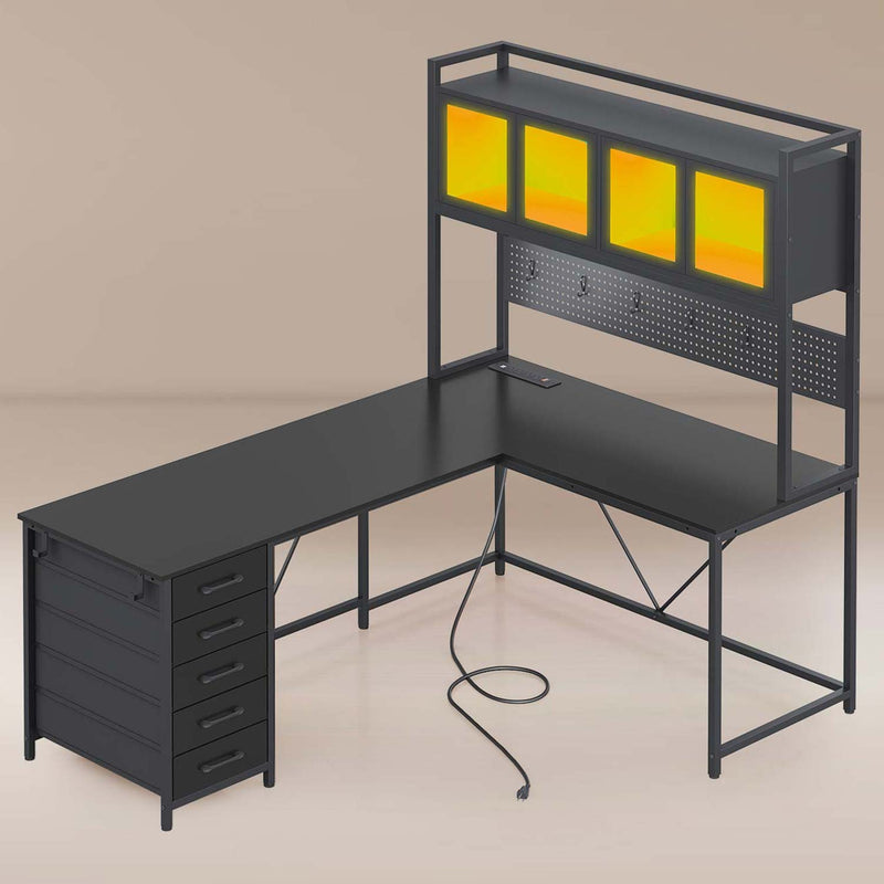 62 Inches LED Reversible L Shaped Gaming Desk With Power Outlet Storage Drawers Hutch and Pegboard Black