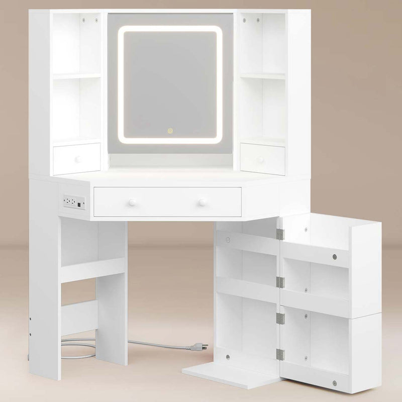 Corner LED Makeup Vanity Desk with Storage Stool and Charging Station Mirror Drawers, Rotating Shelves White