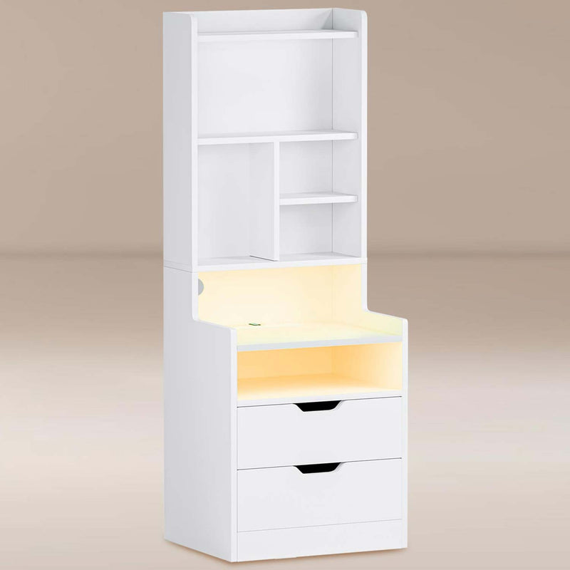 LED Nightstand with Bookshelf Charging Station White