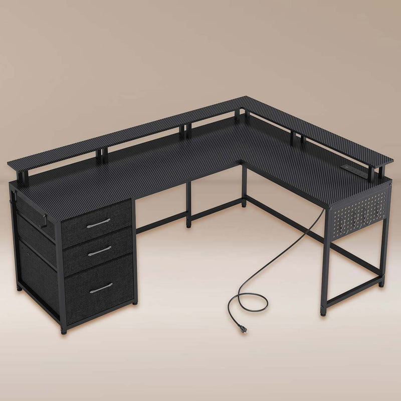 63.8 Inches L Shaped Reversible Corner Carbon Fiber Gaming Desk with Power Outlet and Pegboard LED Light Drawers Black