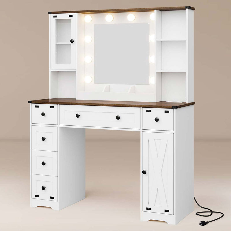 43 Inches Makeup Vanity with 3 Color Lighting Modes Mirror Charging Station Storage White