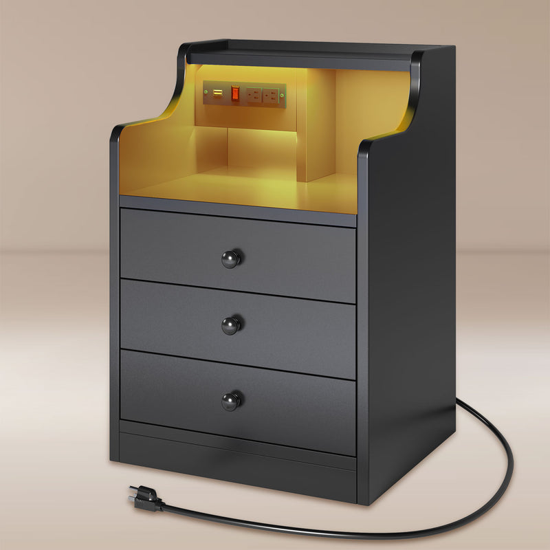 LED Nightstand with Hutch Drawers Charging Station Black