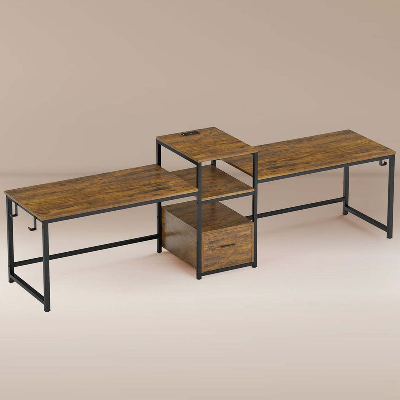 98 Inches 2 Person Computer Desk with Storage Printer Shelf Rustic Brown