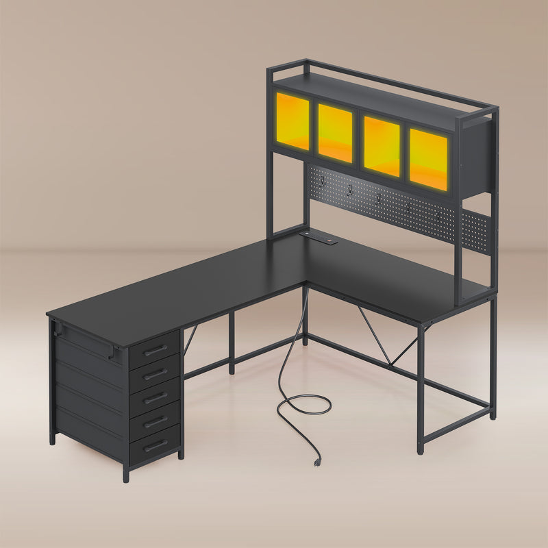 62 Inches LED Reversible L Shaped Gaming Desk With Power Outlet Storage Drawers Hutch and Pegboard Black