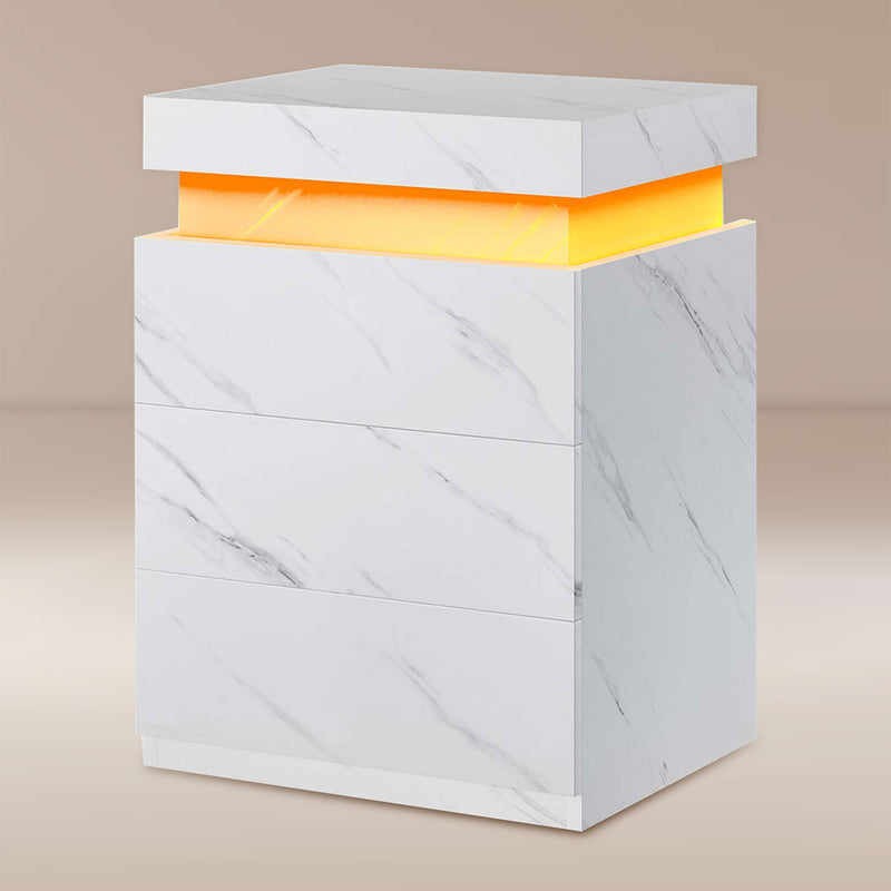 Nightstand with Sliding Top Charging Station and LED Lights White Marble