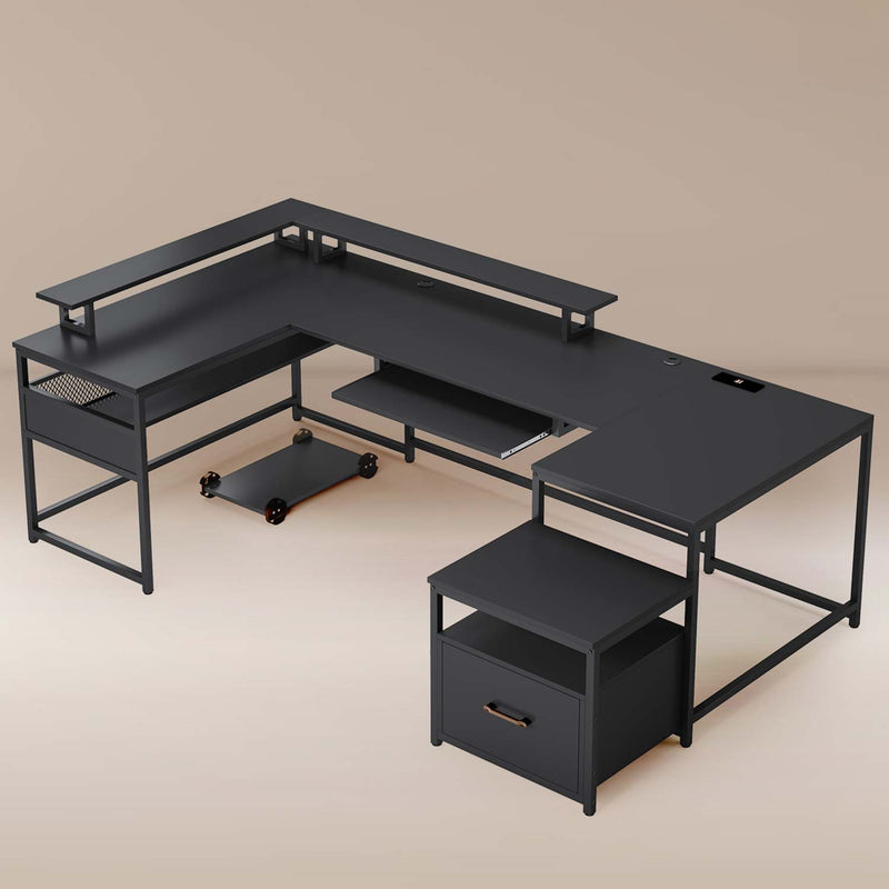 101.5 Inches U Shaped Reversible L Shaped Computer Desk with File Drawer Power Outlet Keyboard Tray Black