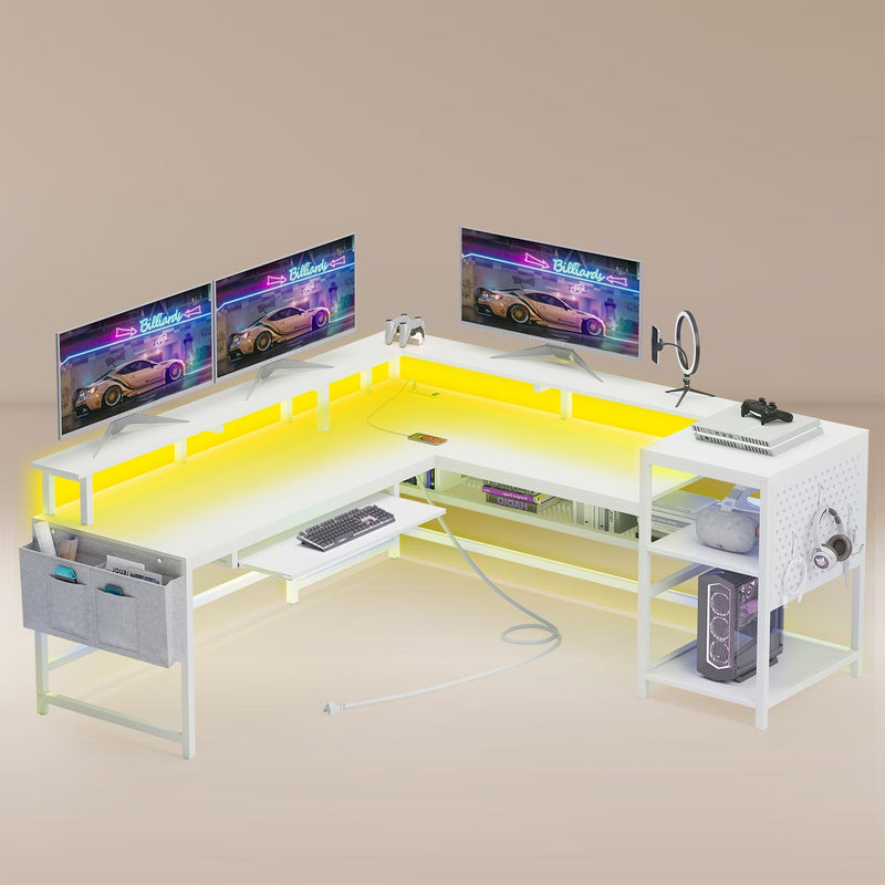 L Shaped Reversible Gaming Desk with Power Outlets LED Strip White