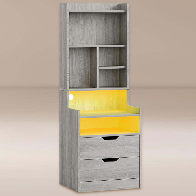 LED Nightstand with Bookshelf Charging Station Grey