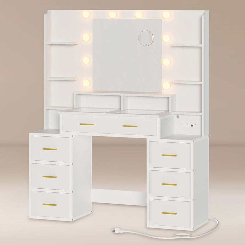 Glass Top Makeup Vanity with Lights Power Strip & 10x Magnifying Mirror And Compartment Storage Drawers & Shelves White