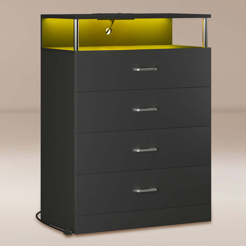 4 Drawers Led Tall Dresser with Charging Station for Bedroom Closet Black