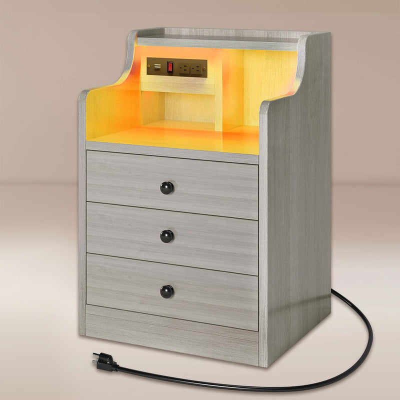 LED Nightstand with Hutch Drawers Charging Station Grey