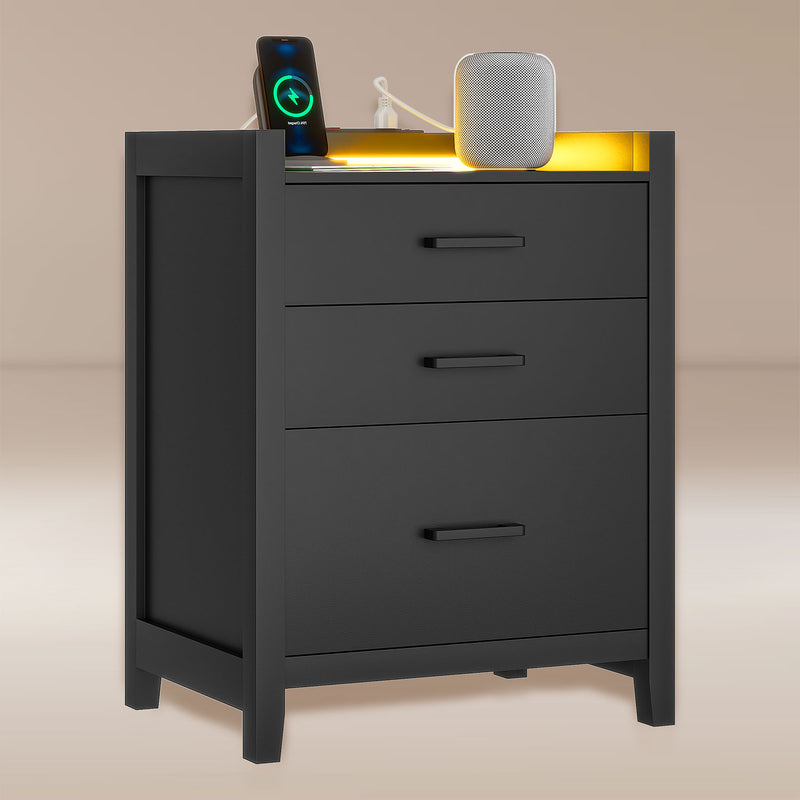 LED Nightstand with USB Ports and Outlets 3 Drawers Black