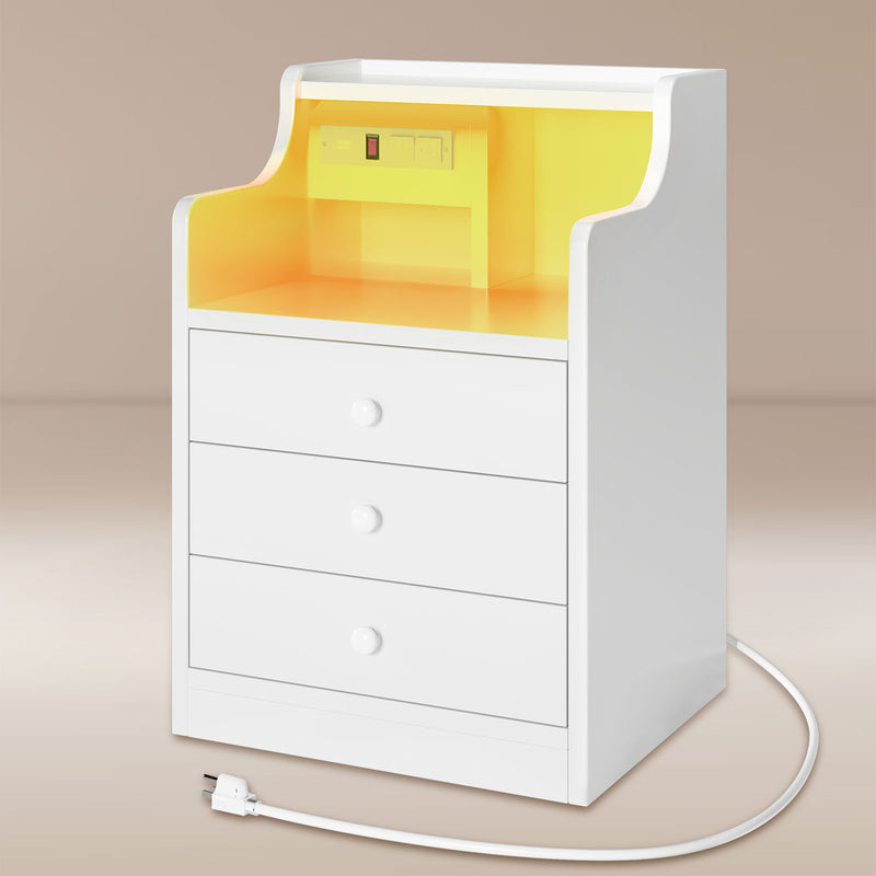 LED Nightstand with Hutch Drawers Charging Station White