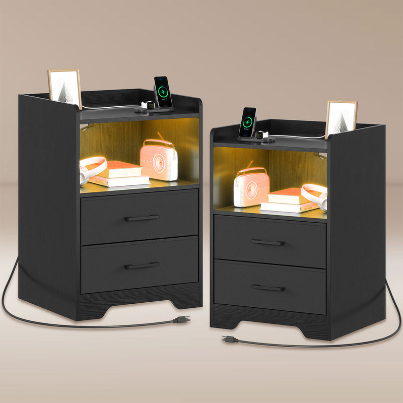 2PCS LED Nightstands with Charging Station and Storage Drawers Black