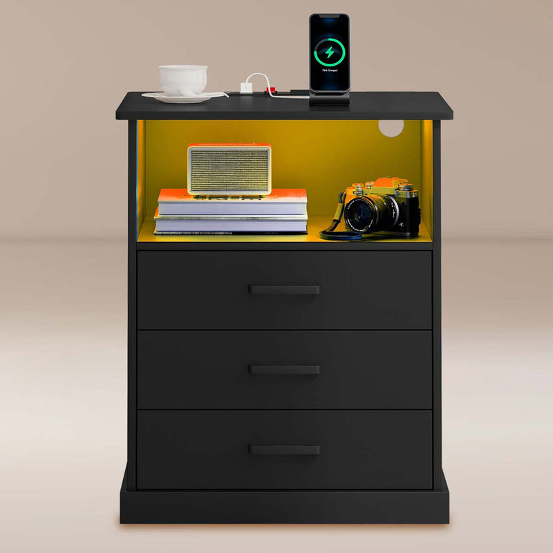 LED Nightstand with Charging Station 3 Storage Drawers Black