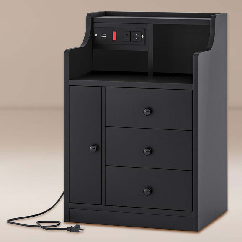 Nightstand with Charging Station Drawers Black