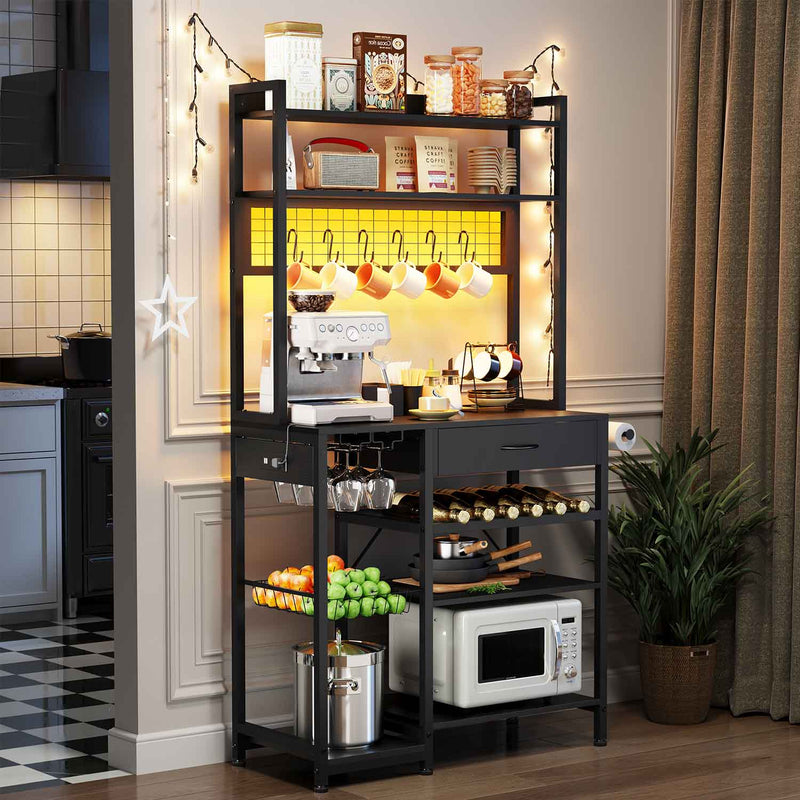 Sikaic Bakers Rack Bakers Rack With Power Outlet and Microwave Stand Storage Coffee Bar Station Black Black / Iron / Modern