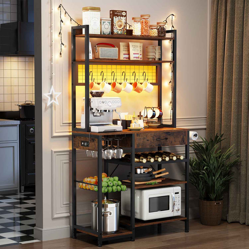 Sikaic Bakers Rack Bakers Rack With Power Outlet and Microwave Stand Storage Coffee Bar Station Brown Brown / Iron / Modern