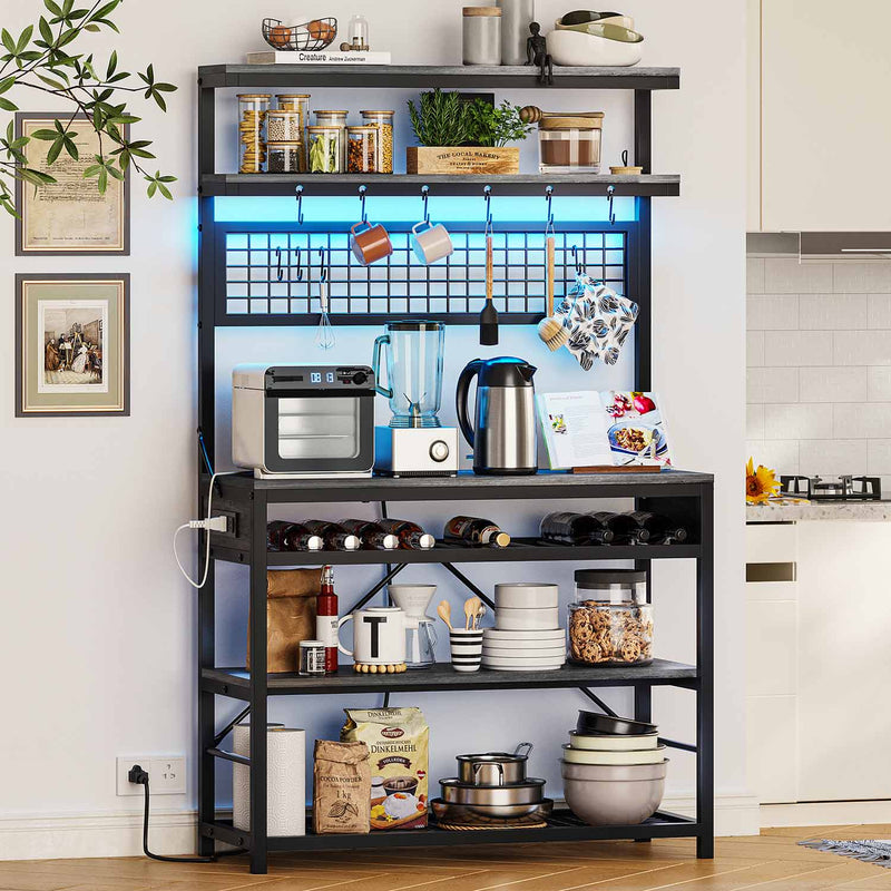 Sikaic Bakers Rack LED Bakers Rack with Power Outlet Storage Grey