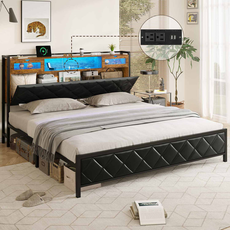 Sikaic Bed Frame LED King Size Platform Bed Frame with Hidden Storage Headboard and Charging Station Black