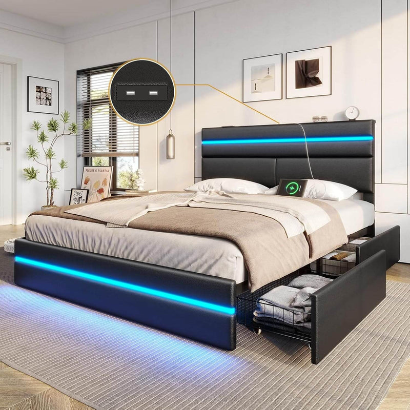 Sikaic Bed Frame Platform Metal Bed Frame with Charging Station and  LED Lights Headboard & 4 Drawers No Box Spring Needed Black