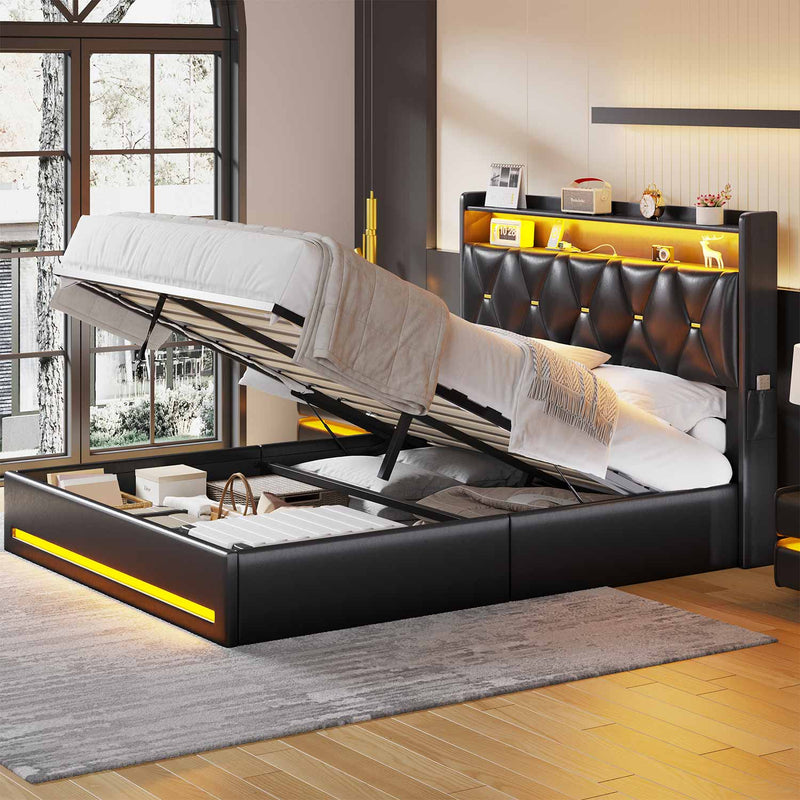 Sikaic Bed Frame Bed Frame with Lift up Storage and Charging Station Black